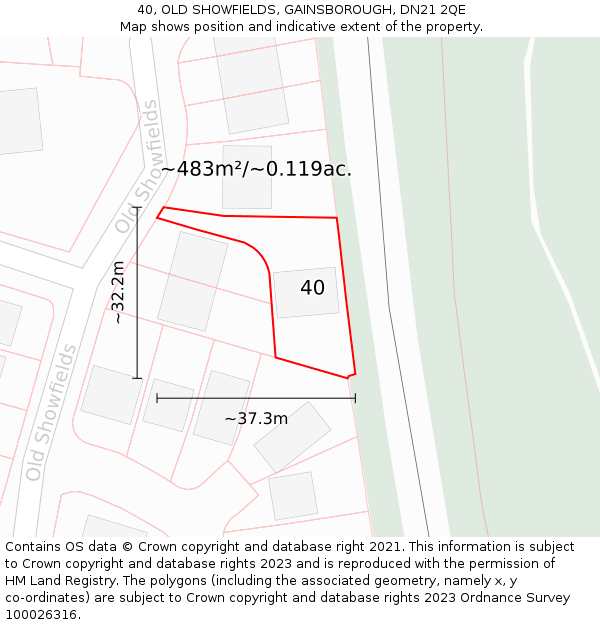 40, OLD SHOWFIELDS, GAINSBOROUGH, DN21 2QE: Plot and title map