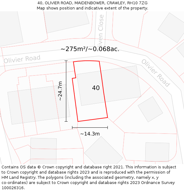 40, OLIVIER ROAD, MAIDENBOWER, CRAWLEY, RH10 7ZG: Plot and title map