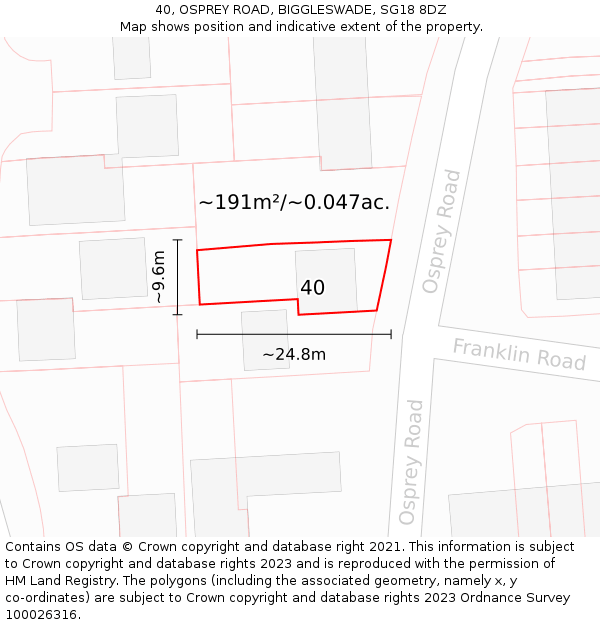 40, OSPREY ROAD, BIGGLESWADE, SG18 8DZ: Plot and title map