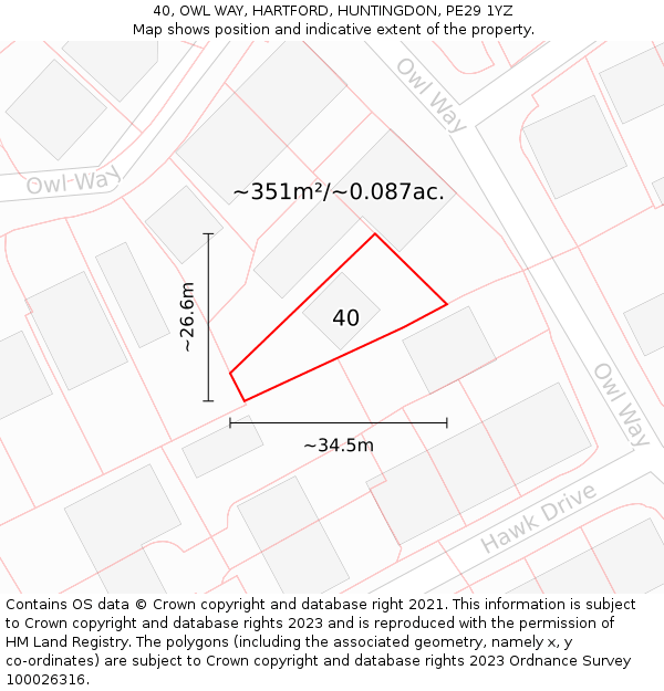 40, OWL WAY, HARTFORD, HUNTINGDON, PE29 1YZ: Plot and title map