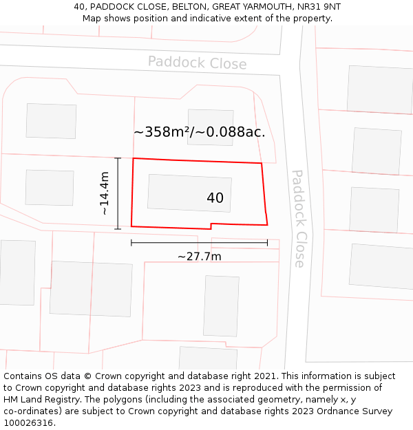 40, PADDOCK CLOSE, BELTON, GREAT YARMOUTH, NR31 9NT: Plot and title map