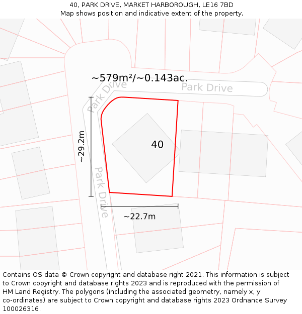 40, PARK DRIVE, MARKET HARBOROUGH, LE16 7BD: Plot and title map