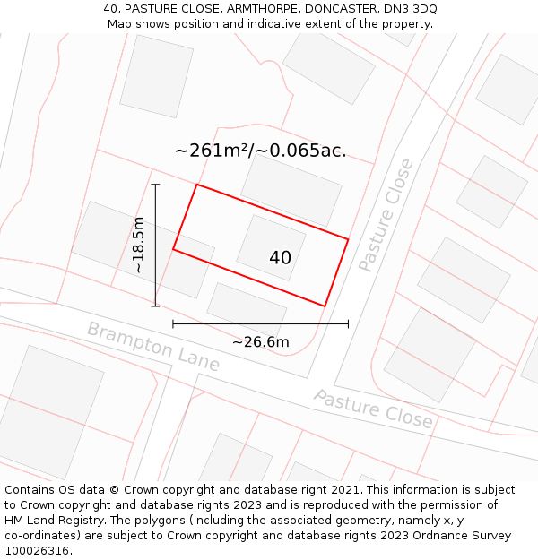 40, PASTURE CLOSE, ARMTHORPE, DONCASTER, DN3 3DQ: Plot and title map