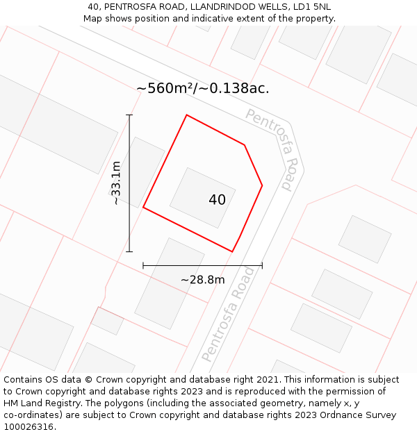 40, PENTROSFA ROAD, LLANDRINDOD WELLS, LD1 5NL: Plot and title map
