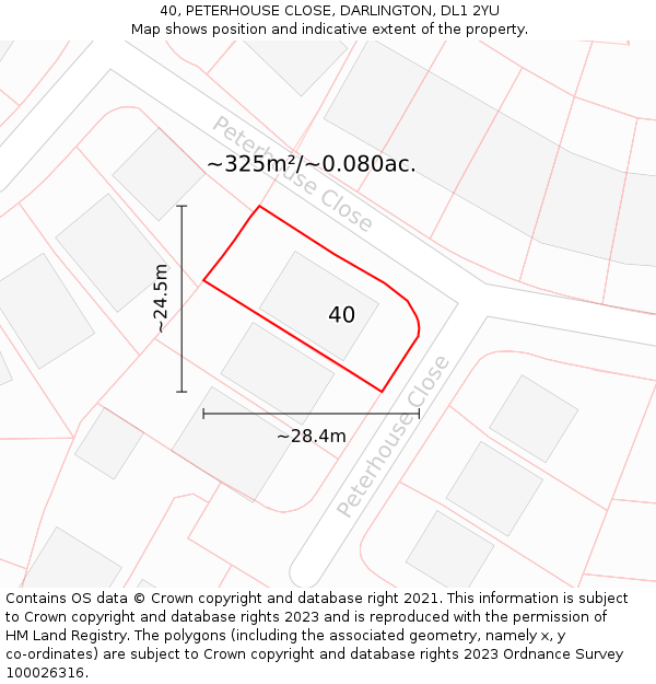 40, PETERHOUSE CLOSE, DARLINGTON, DL1 2YU: Plot and title map
