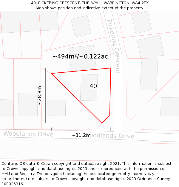 40, PICKERING CRESCENT, THELWALL, WARRINGTON, WA4 2EX: Plot and title map
