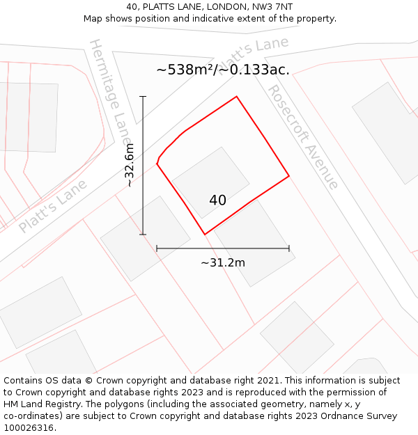 40, PLATTS LANE, LONDON, NW3 7NT: Plot and title map