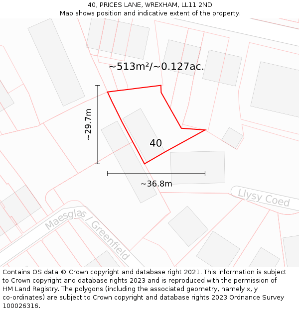 40, PRICES LANE, WREXHAM, LL11 2ND: Plot and title map