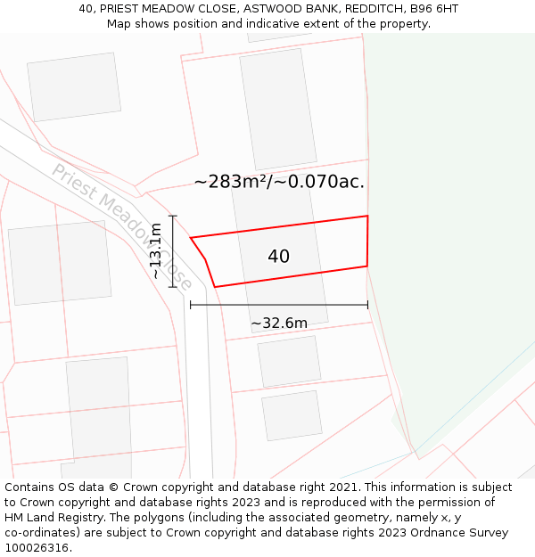 40, PRIEST MEADOW CLOSE, ASTWOOD BANK, REDDITCH, B96 6HT: Plot and title map