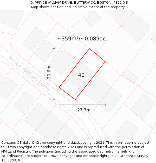 40, PRINCE WILLIAM DRIVE, BUTTERWICK, BOSTON, PE22 0JS: Plot and title map
