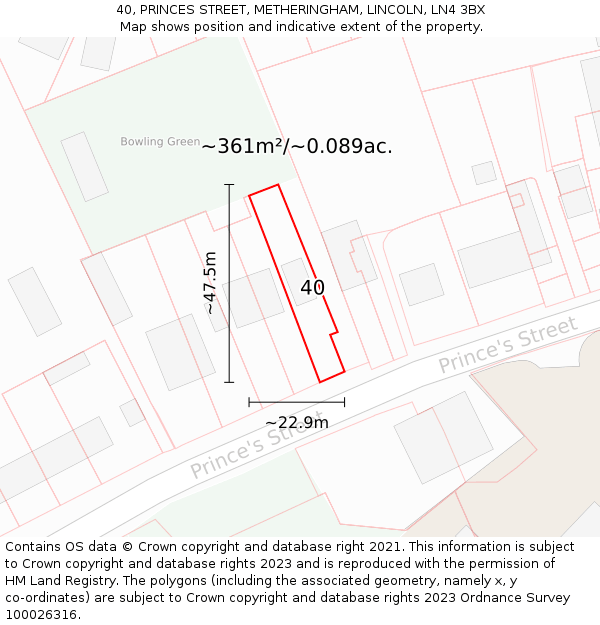 40, PRINCES STREET, METHERINGHAM, LINCOLN, LN4 3BX: Plot and title map