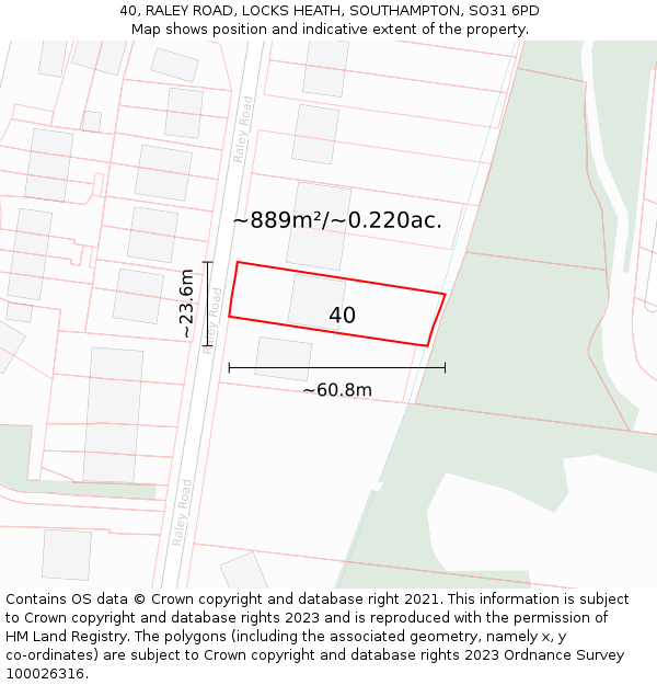 40, RALEY ROAD, LOCKS HEATH, SOUTHAMPTON, SO31 6PD: Plot and title map