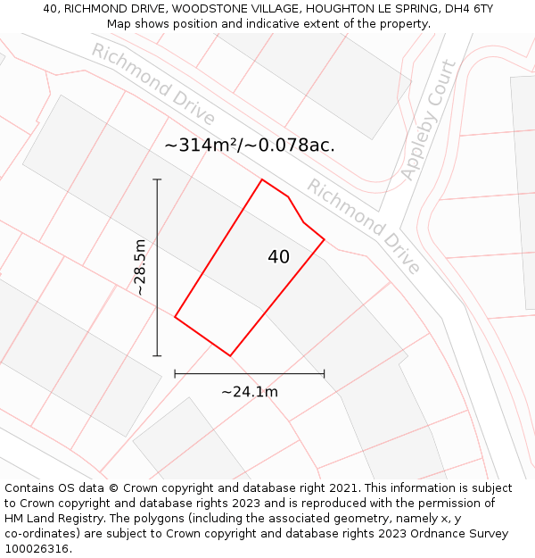 40, RICHMOND DRIVE, WOODSTONE VILLAGE, HOUGHTON LE SPRING, DH4 6TY: Plot and title map
