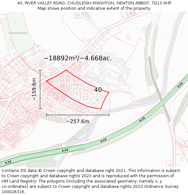 40, RIVER VALLEY ROAD, CHUDLEIGH KNIGHTON, NEWTON ABBOT, TQ13 0HP: Plot and title map