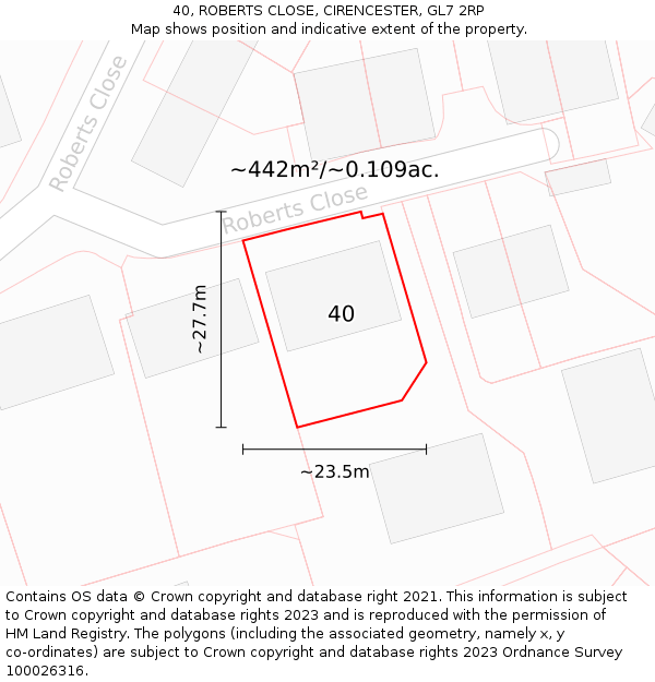 40, ROBERTS CLOSE, CIRENCESTER, GL7 2RP: Plot and title map