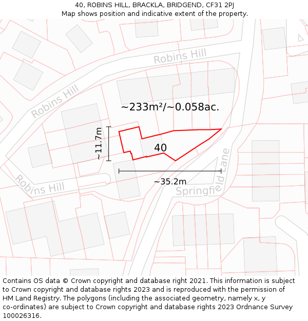 40, ROBINS HILL, BRACKLA, BRIDGEND, CF31 2PJ: Plot and title map