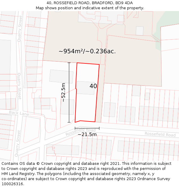 40, ROSSEFIELD ROAD, BRADFORD, BD9 4DA: Plot and title map