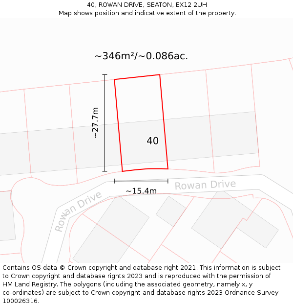 40, ROWAN DRIVE, SEATON, EX12 2UH: Plot and title map