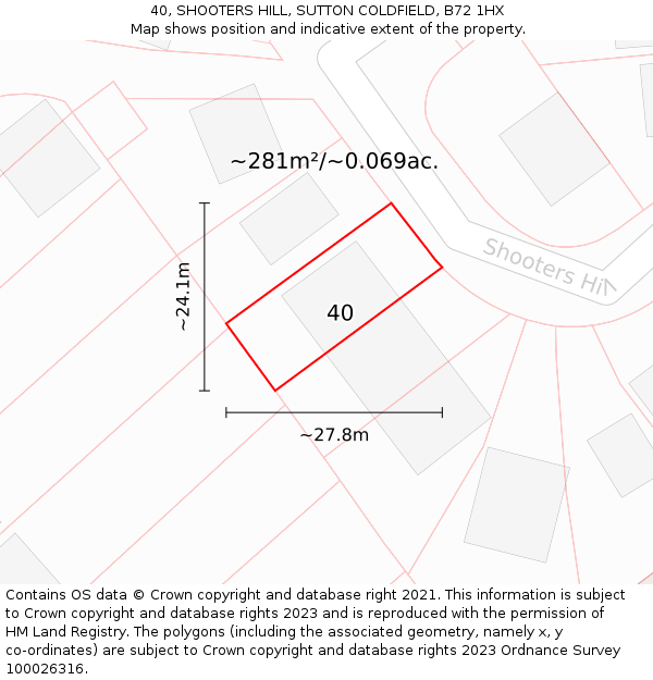 40, SHOOTERS HILL, SUTTON COLDFIELD, B72 1HX: Plot and title map