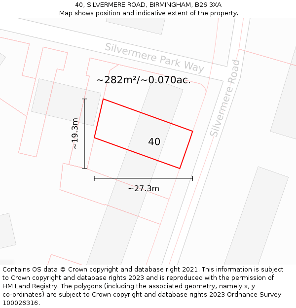 40, SILVERMERE ROAD, BIRMINGHAM, B26 3XA: Plot and title map