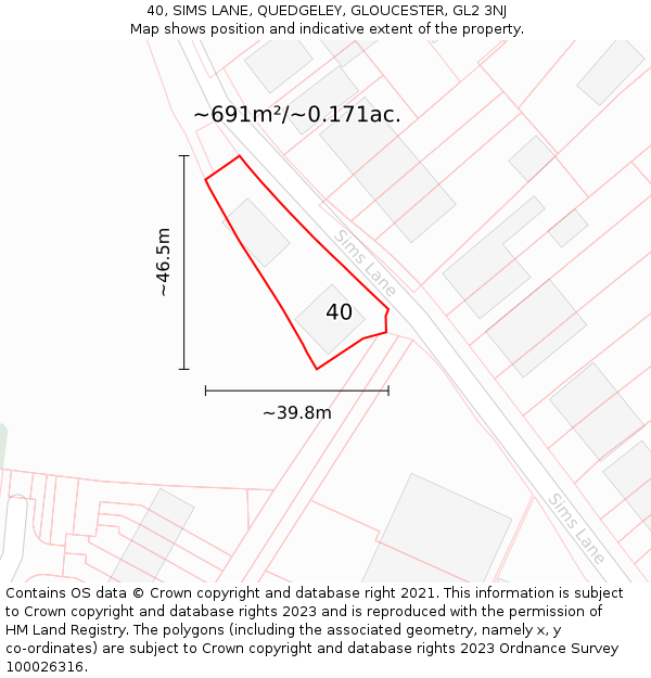 40, SIMS LANE, QUEDGELEY, GLOUCESTER, GL2 3NJ: Plot and title map