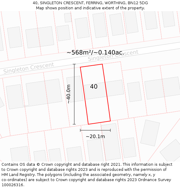 40, SINGLETON CRESCENT, FERRING, WORTHING, BN12 5DG: Plot and title map