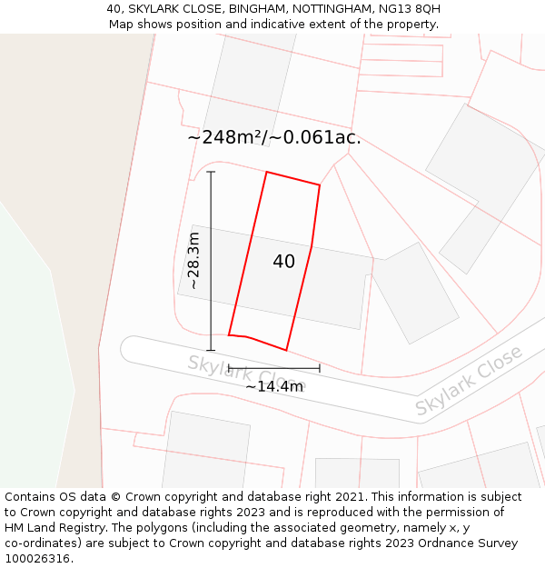 40, SKYLARK CLOSE, BINGHAM, NOTTINGHAM, NG13 8QH: Plot and title map