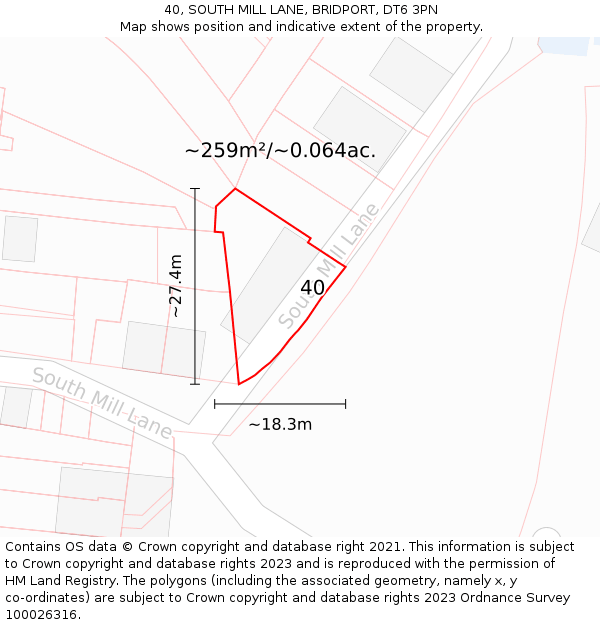 40, SOUTH MILL LANE, BRIDPORT, DT6 3PN: Plot and title map