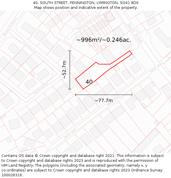 40, SOUTH STREET, PENNINGTON, LYMINGTON, SO41 8DX: Plot and title map