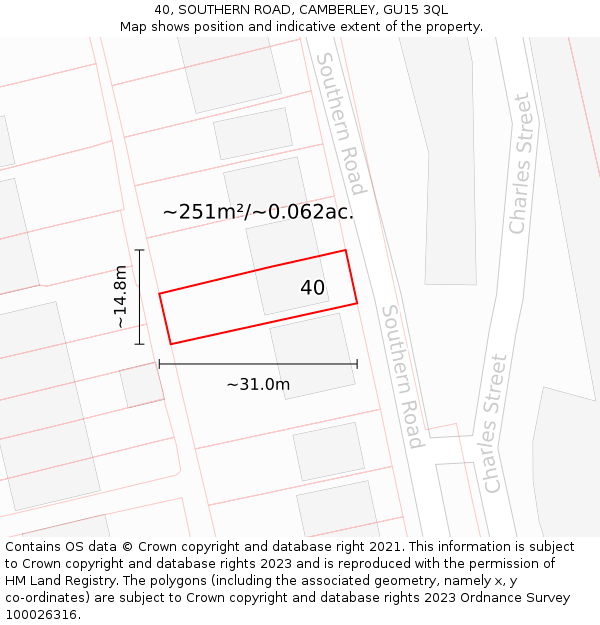 40, SOUTHERN ROAD, CAMBERLEY, GU15 3QL: Plot and title map