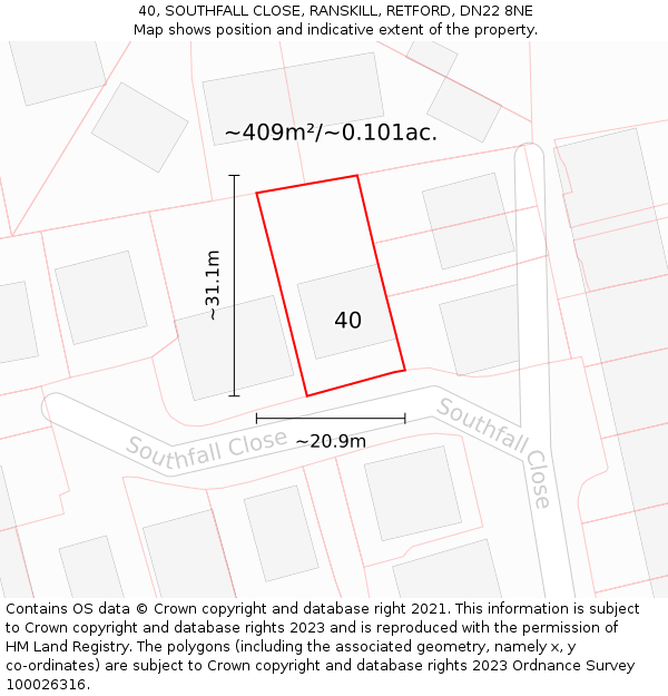 40, SOUTHFALL CLOSE, RANSKILL, RETFORD, DN22 8NE: Plot and title map