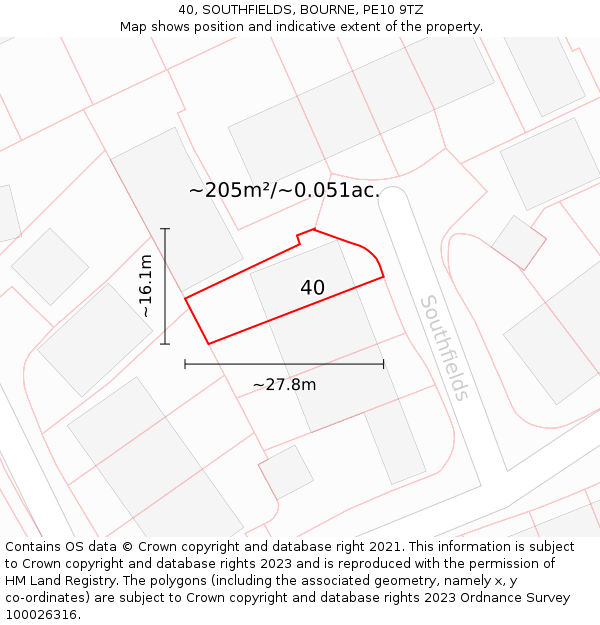 40, SOUTHFIELDS, BOURNE, PE10 9TZ: Plot and title map