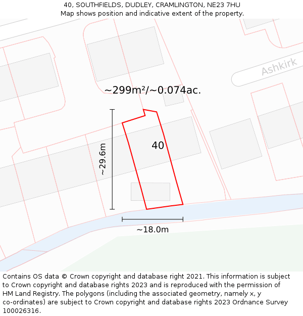 40, SOUTHFIELDS, DUDLEY, CRAMLINGTON, NE23 7HU: Plot and title map