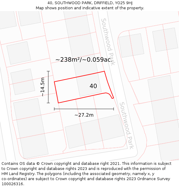 40, SOUTHWOOD PARK, DRIFFIELD, YO25 9HJ: Plot and title map