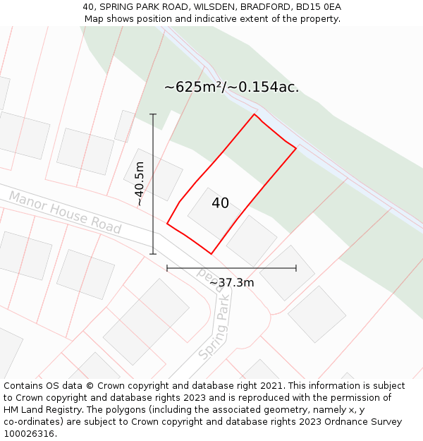 40, SPRING PARK ROAD, WILSDEN, BRADFORD, BD15 0EA: Plot and title map