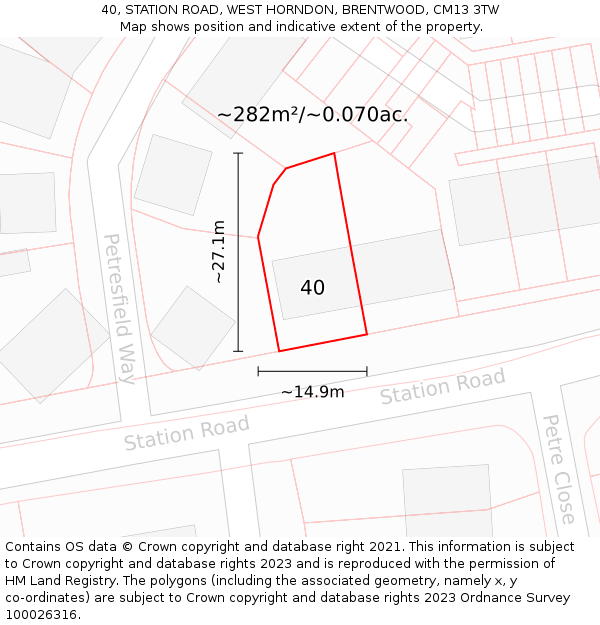 40, STATION ROAD, WEST HORNDON, BRENTWOOD, CM13 3TW: Plot and title map