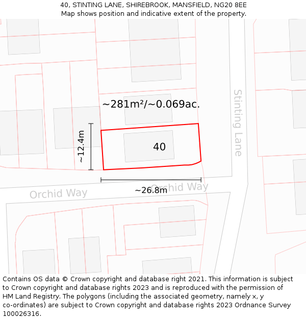 40, STINTING LANE, SHIREBROOK, MANSFIELD, NG20 8EE: Plot and title map