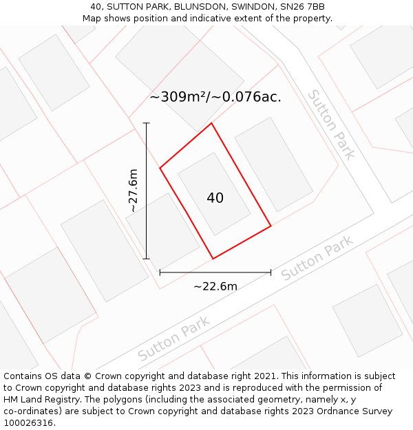 40, SUTTON PARK, BLUNSDON, SWINDON, SN26 7BB: Plot and title map