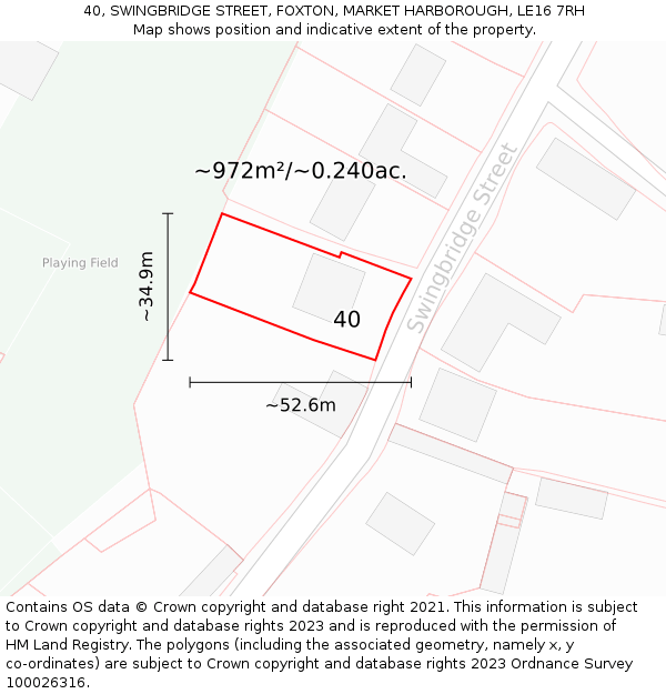 40, SWINGBRIDGE STREET, FOXTON, MARKET HARBOROUGH, LE16 7RH: Plot and title map