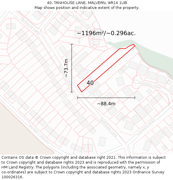 40, TANHOUSE LANE, MALVERN, WR14 1UB: Plot and title map