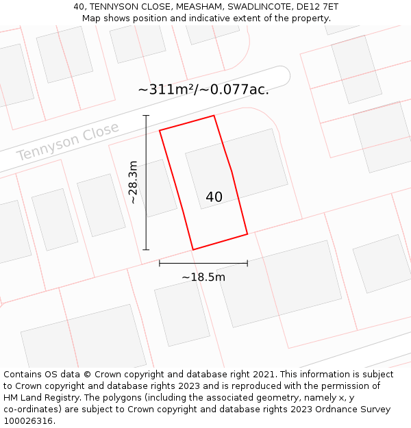 40, TENNYSON CLOSE, MEASHAM, SWADLINCOTE, DE12 7ET: Plot and title map