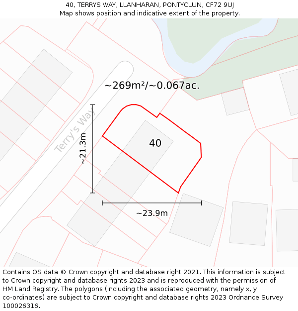 40, TERRYS WAY, LLANHARAN, PONTYCLUN, CF72 9UJ: Plot and title map