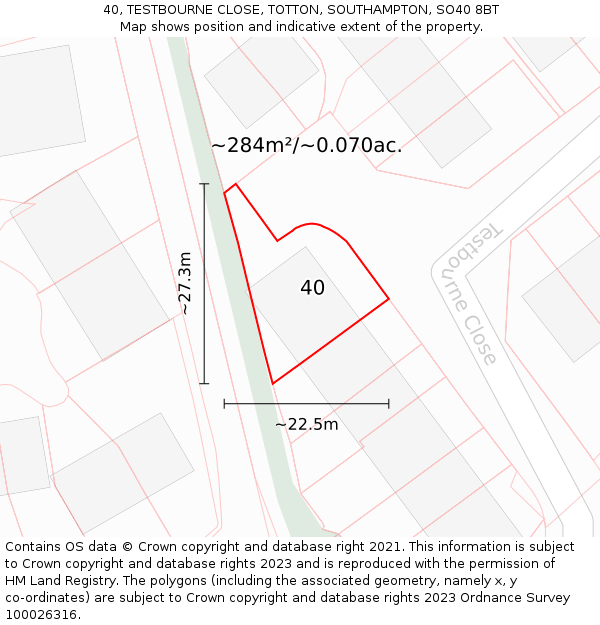 40, TESTBOURNE CLOSE, TOTTON, SOUTHAMPTON, SO40 8BT: Plot and title map