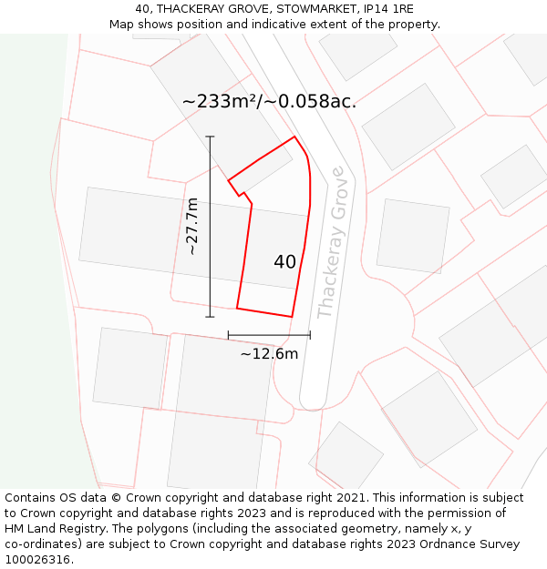 40, THACKERAY GROVE, STOWMARKET, IP14 1RE: Plot and title map