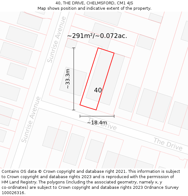 40, THE DRIVE, CHELMSFORD, CM1 4JS: Plot and title map