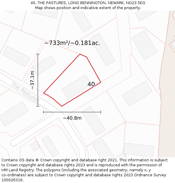 40, THE PASTURES, LONG BENNINGTON, NEWARK, NG23 5EG: Plot and title map