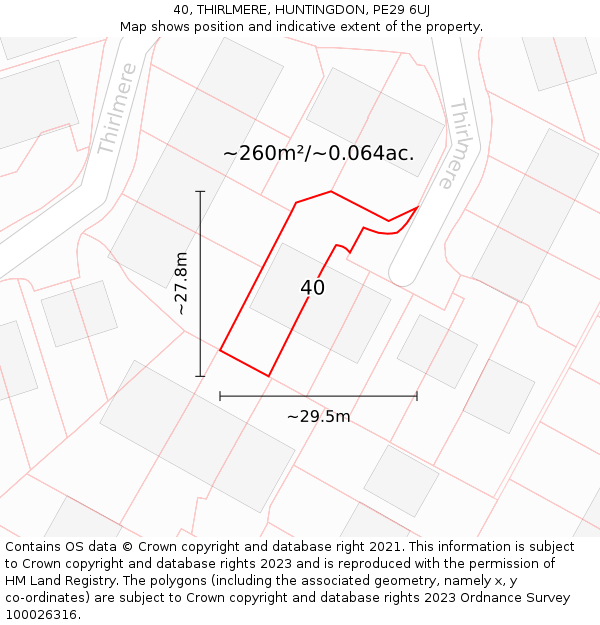 40, THIRLMERE, HUNTINGDON, PE29 6UJ: Plot and title map