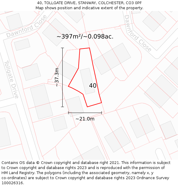 40, TOLLGATE DRIVE, STANWAY, COLCHESTER, CO3 0PF: Plot and title map