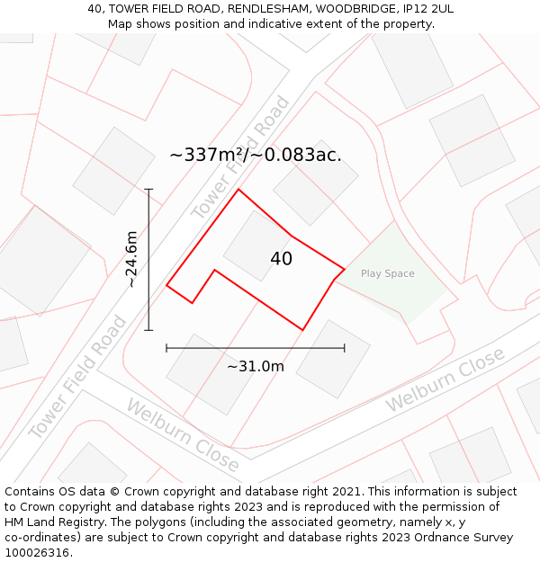 40, TOWER FIELD ROAD, RENDLESHAM, WOODBRIDGE, IP12 2UL: Plot and title map