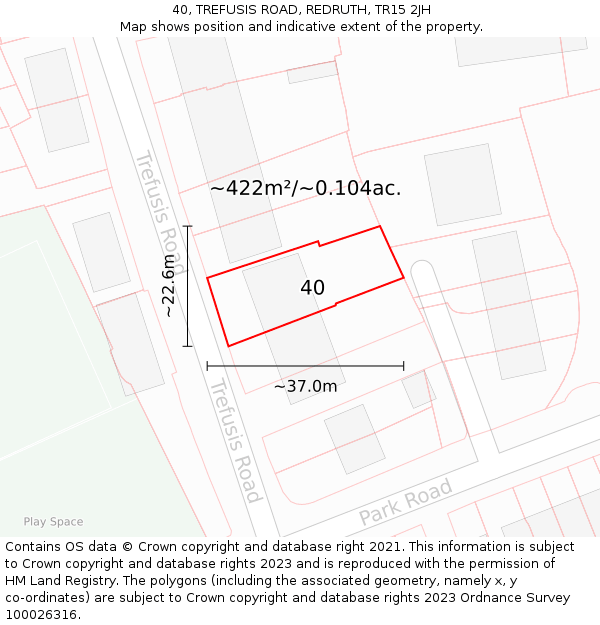 40, TREFUSIS ROAD, REDRUTH, TR15 2JH: Plot and title map